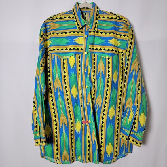 VTG Western Signatures by Eds West Mens Colorful Aztec Long Sleeve Shirt Large - Picture 2 of 10